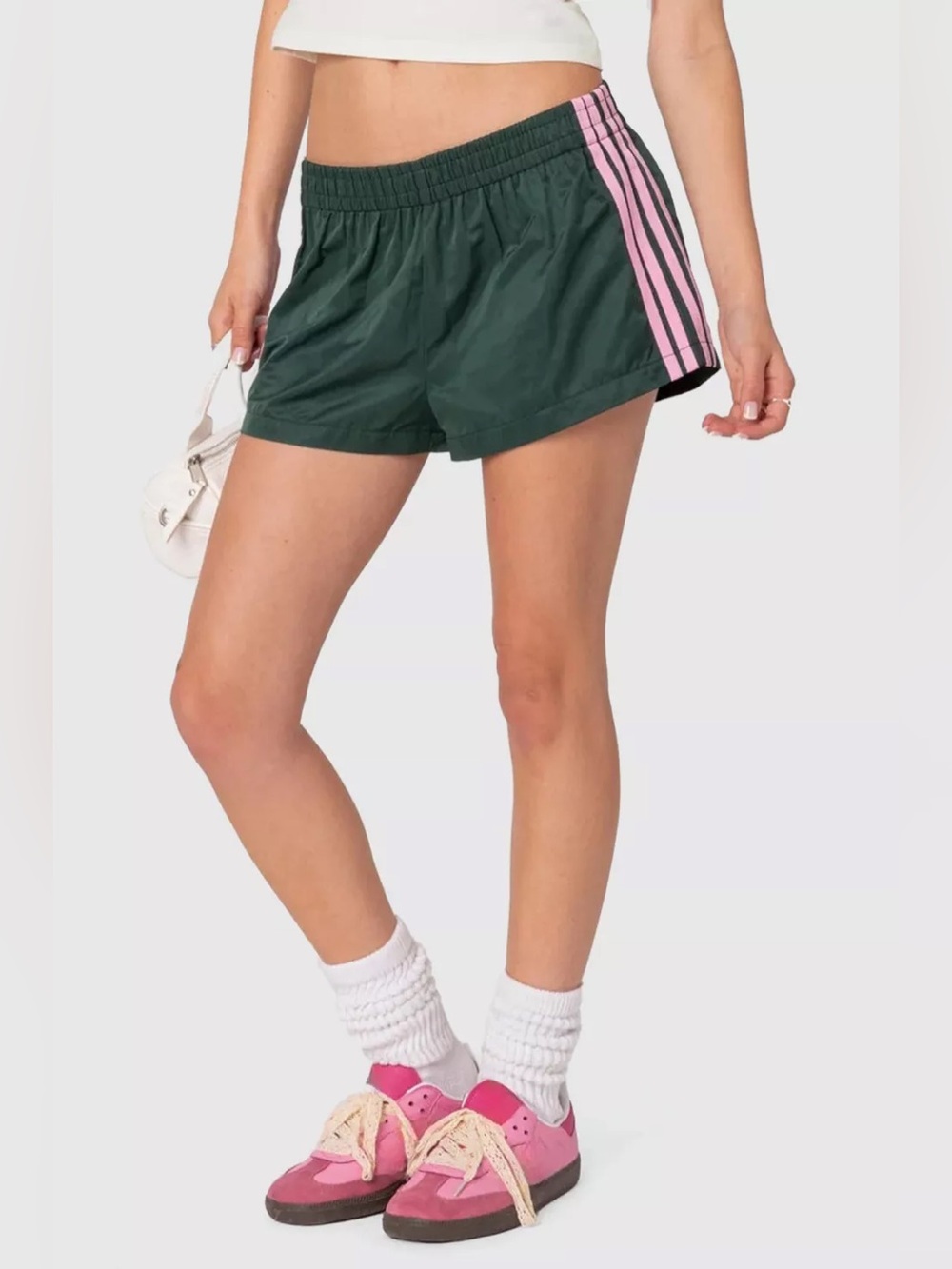 Edikted Nikki Nylon Shorts contrast stripes light pink low rise workout forest